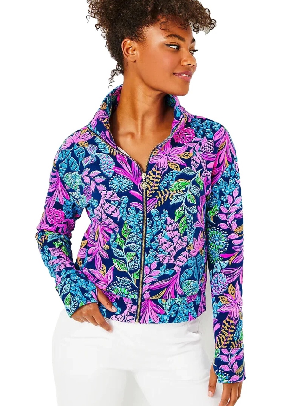 Lilly Pulitzer Wrenley Zip-Up Floral Jacket Aegean Navy Calypso Coast Size XL
